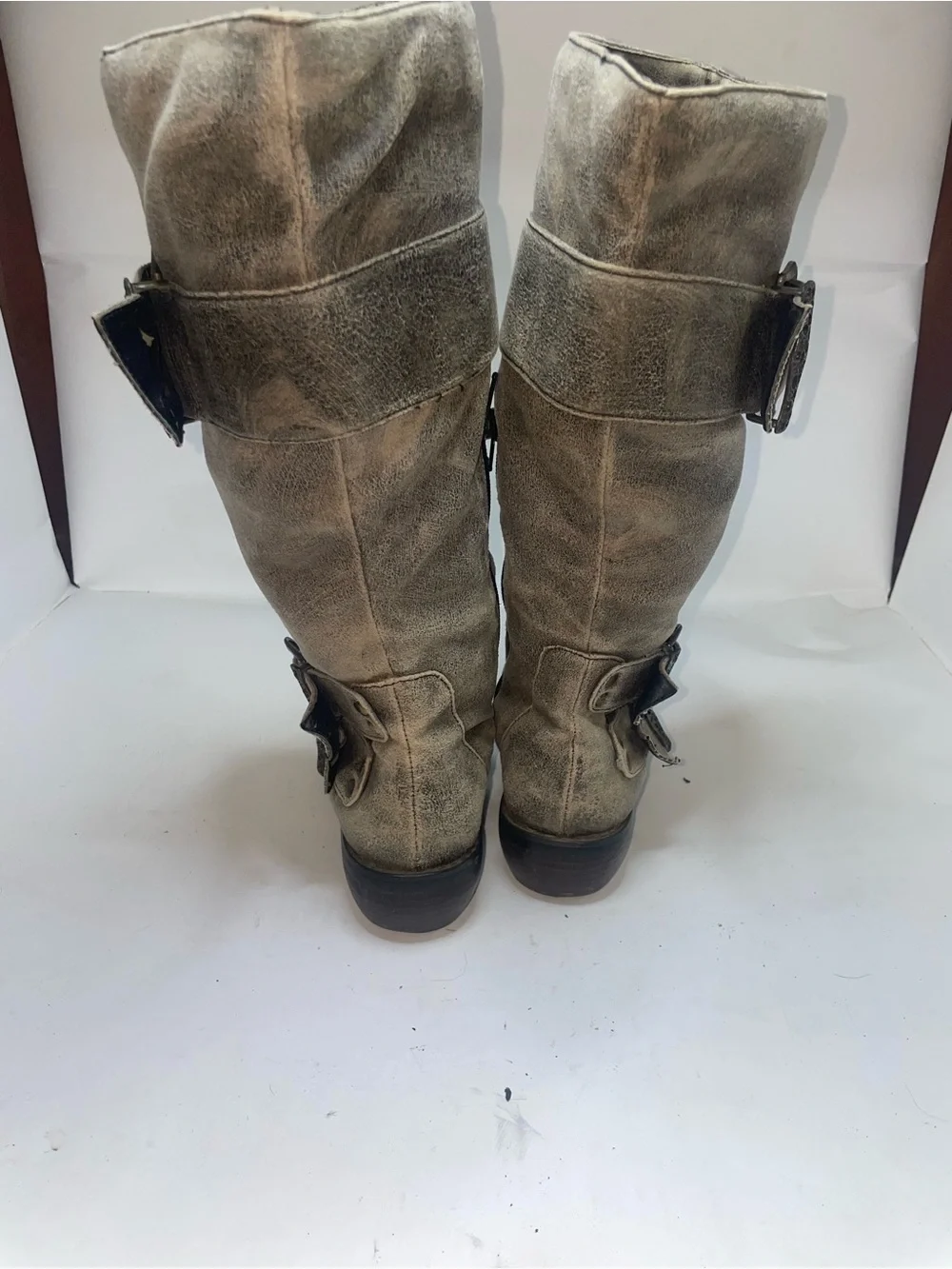 Two Lips Distressed Grey Suede feel 14” tall Buckle Boots